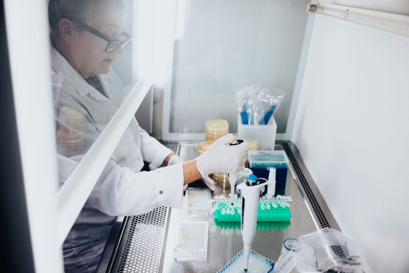 Koite Healthin bioanalyytikko käsittelee näytteitä laminaarikaapissa